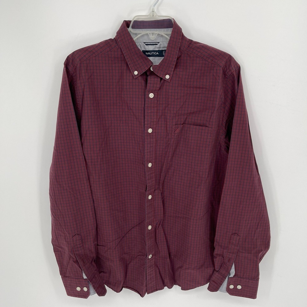 Nautica Men's Burgundy Plaid Cotton Lyocell Button Down Shirt Size Large
